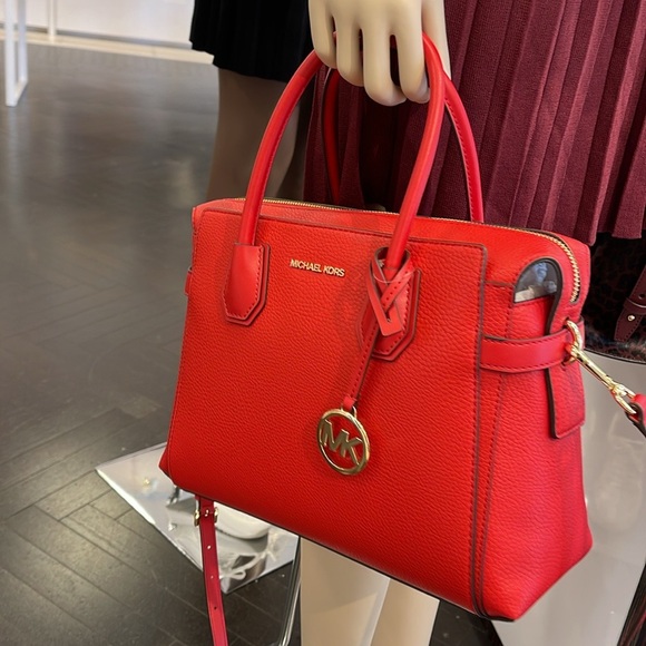 Michael Kors Mercer Medium Top-Zip Belted Satchel Crossbody Purse 
BRIGHT RED
NW - Picture 15 of 16